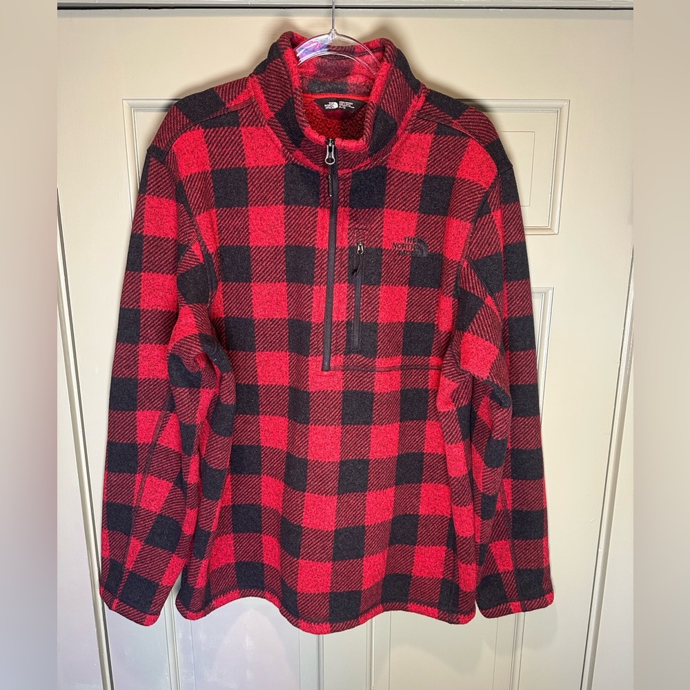 The North Face Red and Black Plaid Half-Zip Heavy Fleece Pullover